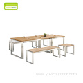 Simple Stainless Steel Frame Teak Panel Dining Table